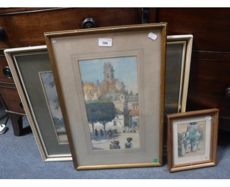 ANGELA STONE: The Thames at Chelsea, watercolour,  a watercolour by A R Fedden, and another (3)