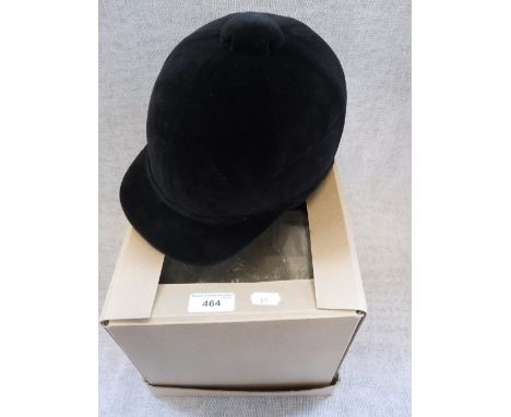 A VINTAGE BLACK VELVET RIDING HAT by "S. Patey" in its original box