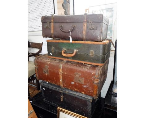 A VINTAGE WOODEN BOUND AND METAL TRAVELLING TRUNK and two vintage suitcases