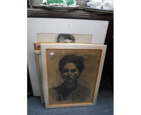 A BLACK CHALK PORTRAIT OF A WOMAN, signed 'GB SANTINI' and three other drawings