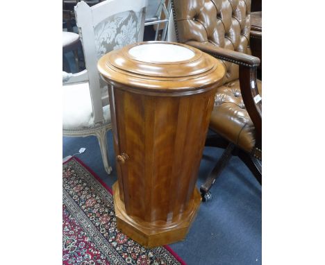 A VICTORIAN BIRCH FLUTED CYLINDRICAL WASHSTAND/POT CUPBOARD, the turned top with marble inset lifting to reveal the original 
