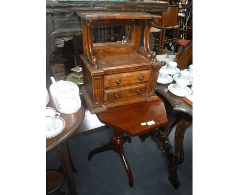 A 19TH CENTURY OCCASIONAL TRIPOD TABLE with octagonal top and a walnut cabinet fitted two drawers and a mirror