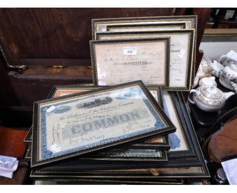 A COLLECTION OF VARIOUS SHARE CERTIFICATES including, "The Russian South-Eastern Railway", all framed and glazed