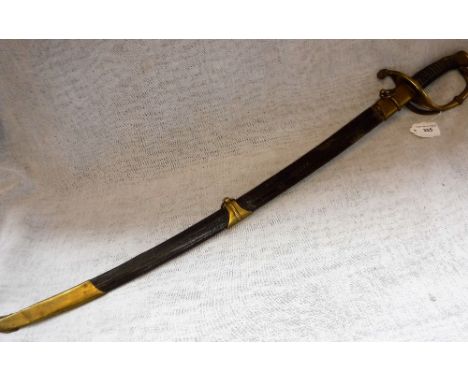 A VICTORIAN SWORD with brass hilt and leather and wire bound grip, with a leather scabbard, the brass fittings inscribed "Mau