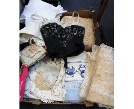 A COLLECTION OF VINTAGE TEXTILES, to include lace table cloths and sundries (two boxes)