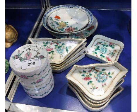 A CHINESE FOR TIER CERAMIC CONTAINER, 11 cm high x 8 cm dia. and a collection of similar side dishes and ceramics