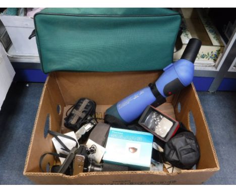 AN OLYMPUS "OM 10" CAMERA with other cameras and related items and a "Konuspot" telescope