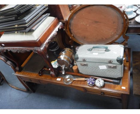 A MAHOGANY COFFEE TABLE with inset leather top, fitted drawers, 123cms long with a reproduction dressing stool a mahogany dre