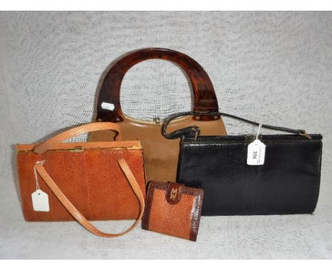 A VINTAGE MAPPIN & WEBB TAN LEATHER HANDBAG with purse, a similar Mappin & Webb black leather handbag and another bag with to