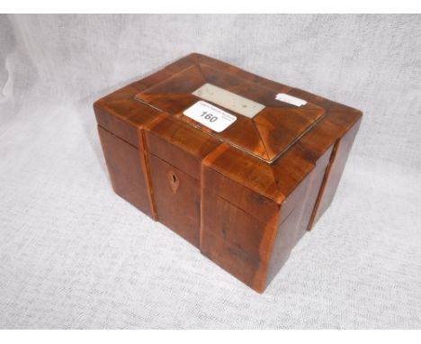 A 19TH CENTURY YEW TEA CADDY, with an inlaid mother of pearl plaque 18 cm wide