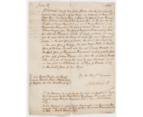 Heraldry.- Copy Letter of an order of James II and countersigned by Sunderland appointing Sir Thomas St George Garter Princip
