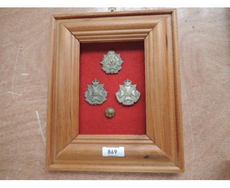A framed display of 3 Border Regiment Cap Badges and a China Button, Cap Badges Border Regiment, 4th Border Cumberland &amp; 