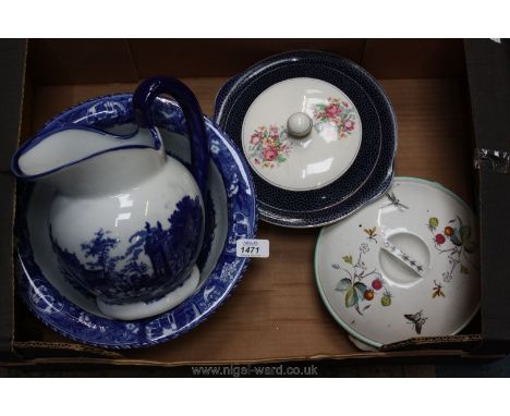 An Ironstone Wash Jug and Bowl, Royal Worcester 'Strawberry Fair' lidded dish and Royal Harvey lidded dish
