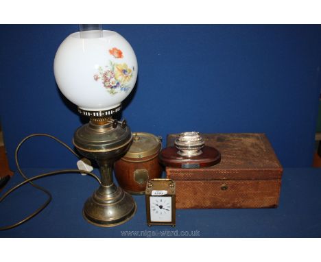 A leather bound Sewing Box with contents, a biscuit barrel, a quartz carriage clock and Ronson Lighter presented to Major J.C