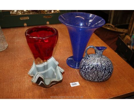 Four pieces of cut glass including Whitefriars, Ruby Wilson design Molar vase, large blue trumpet vase and Chance glass handk