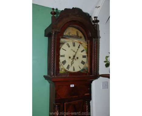 A Victorian flame Mahogany cased Longcase Clock painted face, short door with column detail, standing on bracket feet