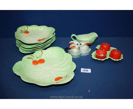 A Carltonware salad set, Crown Devon cruet, rabbit cruet and sauce boat