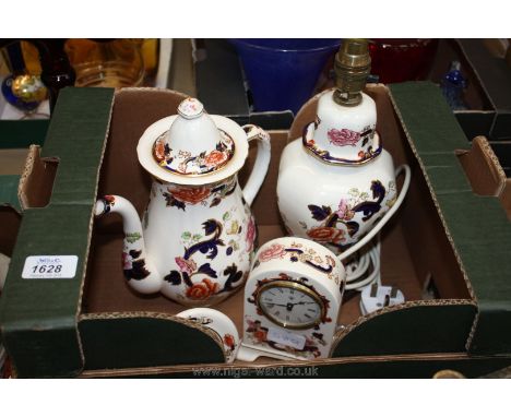 A Masons Mandalay pattern Ironstone Lamp, Coffee Pot, Clock and Picture frame together with a Wedgwood Peter Rabbit Cup