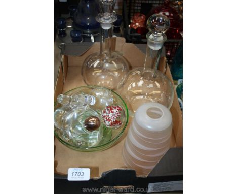A quantity of glass including two decanters, quantity of decanter stoppers, paperweight, lampshade, etc.