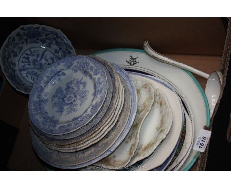 A large quantity of Plates including Wedgwood meat plate, two large vegetable dishes, soup ladle, various blue and white plat