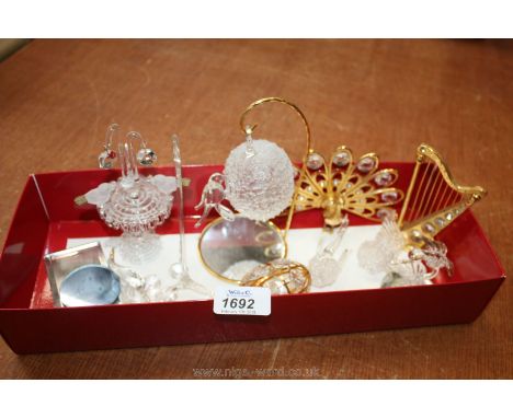 Small glass ornaments including swans, peacock, harp, etc.