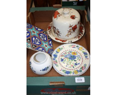 A quantity of china including three Masons plates, Arthur Wood ginger Jar, ceramic tile and old Stilton Dome, a/f