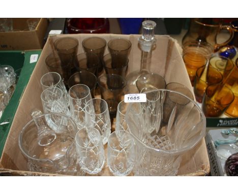 A quantity of wine glasses, cut glass jug, decanter with stopper, vase, etc.