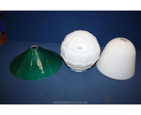 A white glass lamp Shade and green glass coolie Shade