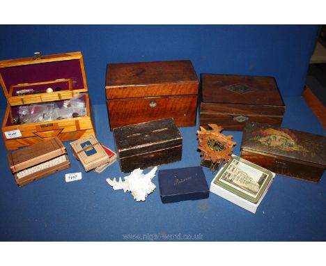 A quantity of miscellanea including wooden tea caddy with glass bowl, a/f, donation box with various keys, small wooden cucko