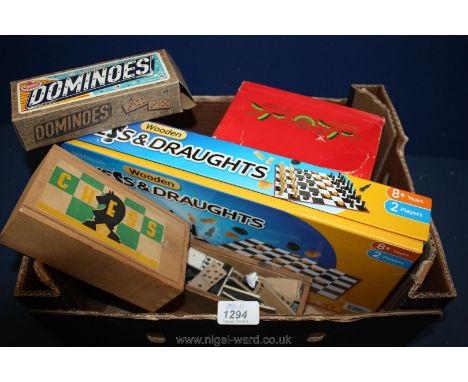 A boxed Chess and Draughts Set, a Dominoes Set, a Roulette Wheel, Draughts and Chess Board, wooden box of wooden chess pieces