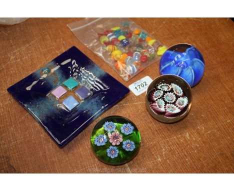 A Murano glass Dish and glass sweets with three fancy glass Paperweights including Caithness