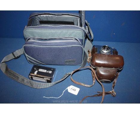 A Town & Country blue canvas camera bag containing a Zeiss Ikon Continette camera , 8'' cable release etc