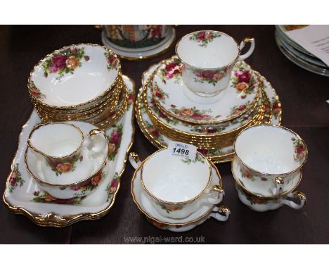 A quantity of Royal Albert 'Old Country Roses' part Teaset: four cups, three saucers, bread and butter plate, soup bowl, two 