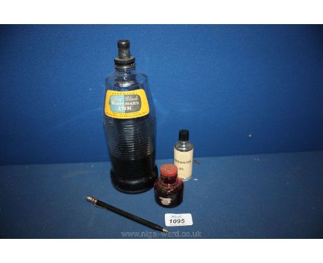 A large bottle of Watermans blue/black Ink, a bottle of typewriter oil and a bottle of red ink