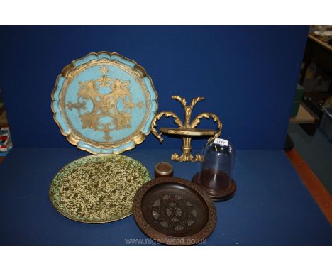 Two papier maché Trays one from Florence, Italy, wooden dish, matchstick holder, dome with wooden plinth, gilt coloured wall 