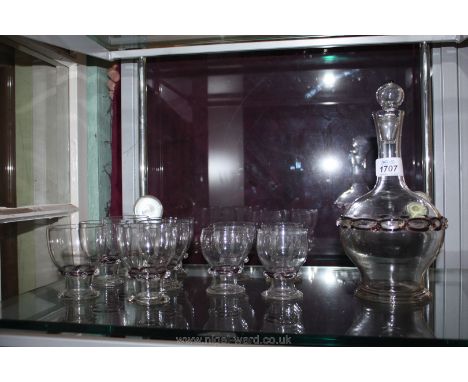 An antique Venetian style Decanter and six similar style glasses together with four smaller matching glasses.