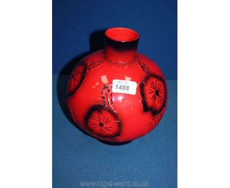 A ruby fusion Vase by Peggy Davis in globular form with poppy design