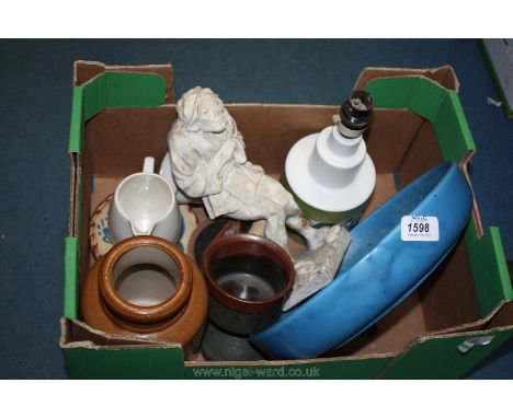 A quantity of pottery items including lamp base, goblet, pestle and mortar, blue bowl, etc.