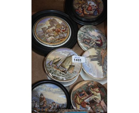 Seven Prattware pot Lids, three with stands and three framed