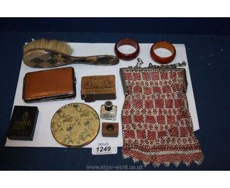 A vintage metal mesh Handbag, baby's hair brush, compact, cigarette case, etc.