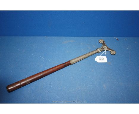 An Ethnic hand crafted heavy metal Finial on a turned Mahogany handle