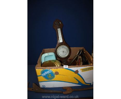 A quantity of miscellanea including Aneroid barometer, leather collar box, Coconut shell spoon, embroidered handbag, old pipe