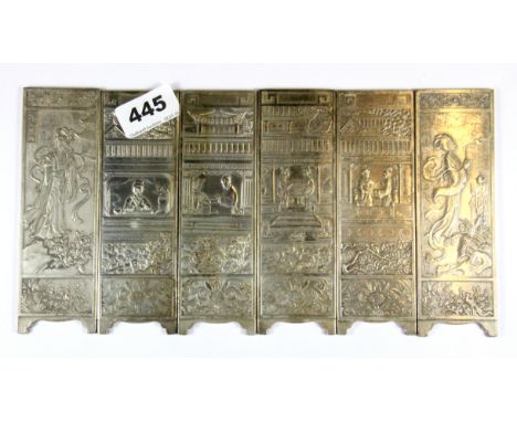 Six Chinese white metal screen panel scroll weights, Size. 15 x 4.5cm. (Prov. Samy collection).
