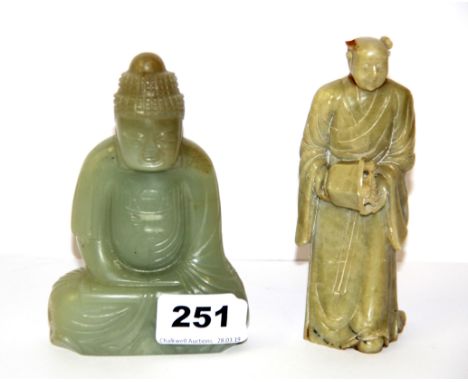 A carved nephrite jade figure of the seated Buddha, H. 12cm together with a carved soapstone figure (A/F)