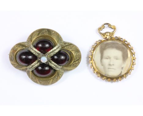 A Victorian yellow metal garnet and opal set brooch and a 9ct yellow gold portrait pendant.