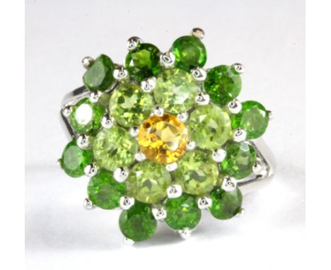 A 925 silver citrine, peridot and chrome diopside set cluster ring, (Q.5).