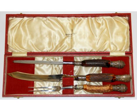 A cased antler handled Harrison Bros &amp; Howson Ltd carving set.