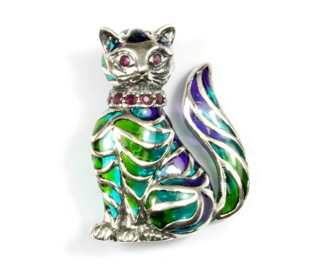 A 925 silver enamelled ruby set cat shaped brooch, 3.5 x 2.5cm.