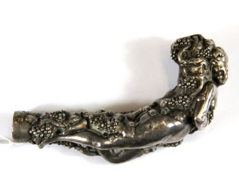 A silver plated walking cane/stick handle in the form of a female nude holding a wine ewer and covered with grapes, inscripti