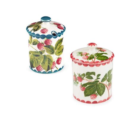  WEMYSS WARE TWO 'RASPBERRIES' PRESERVE JARS & COVERS to include a LARGE 'RASPBERRIES' PRESERVE JAR & COVER, glazed earthenwa